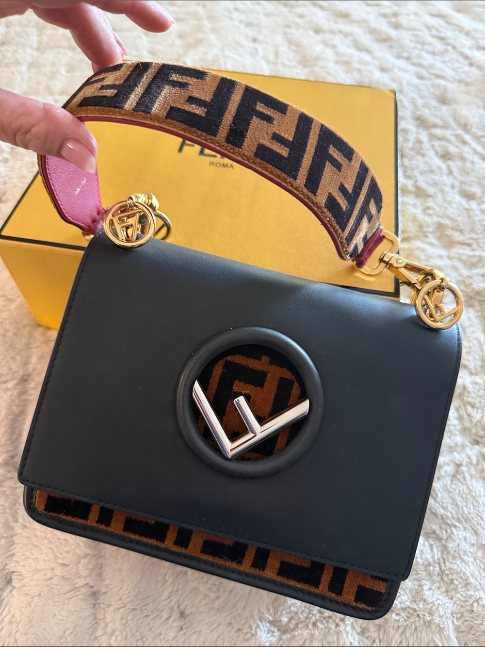 Fendi Black Leather Shoulder Bag with Brown FF Jacquard and Pink-Trim Strap